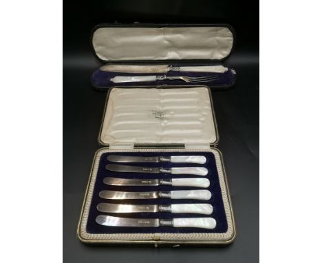 Box containing a carving set with silver blade and tines with mother of pearl handles, Sheffield 1854; a boxed set of six but