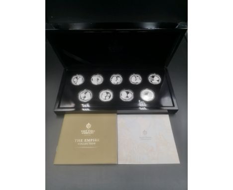 The East India Company Empire Collection of nine limited edition silver proof coins no. 132/1000, approximately 279g total, i