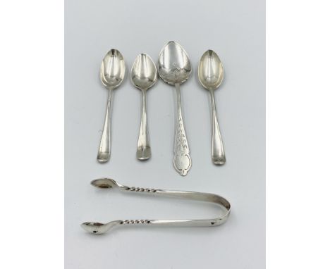 Three hallmarked silver teaspoons; an Edwardian etched teaspoon; and an Edwardian pair of small sugar tongs. Total 60gms. Est