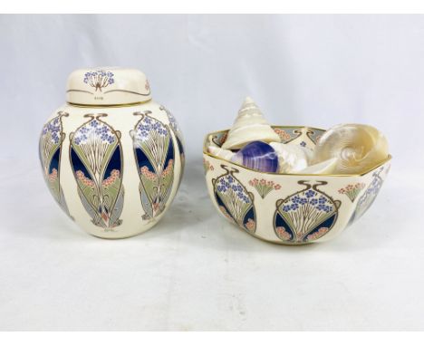 A Liberty Masons Ironstone ginger jar, 17cm; together with a Liberty octagonal bowl, diameter 19cms, filled with iridescent s