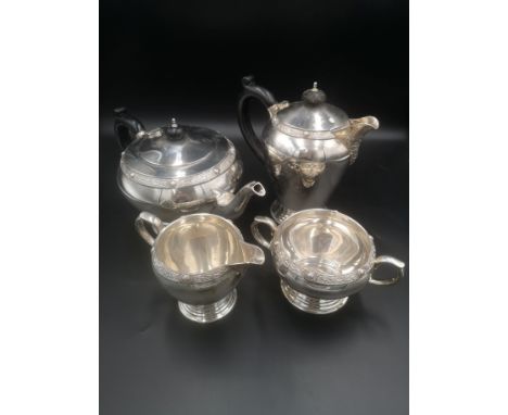 A four piece silver tea set comprising teapot, hot water jug, milk jug and sugar bowl, 1691g, London 1938. Estimate: £700-750