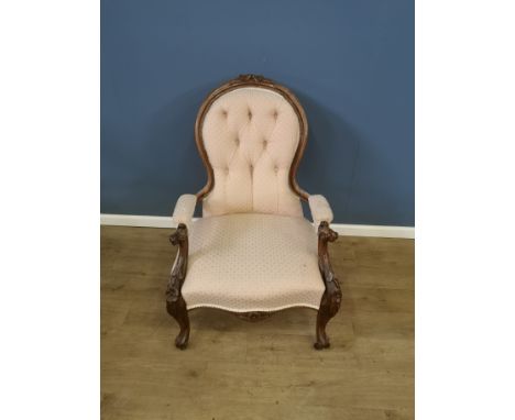 Victorian mahogany open button back bedroom chair on castors upholstered in cream fabric, 62 x 80 x 93cms. Estimate £30-60.