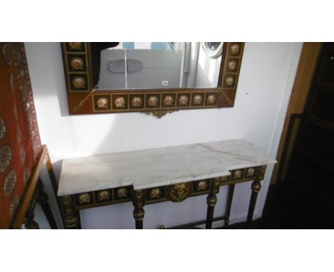 FRENCH MARBLE TOP CONSOLE TABLE WITH MIRROR, BRASS SLIDING DOORS AND PORCELAIN PLAQUES