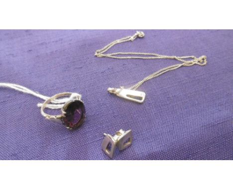 SILVER PENDANT EARRINGS AND AMETHYST RING