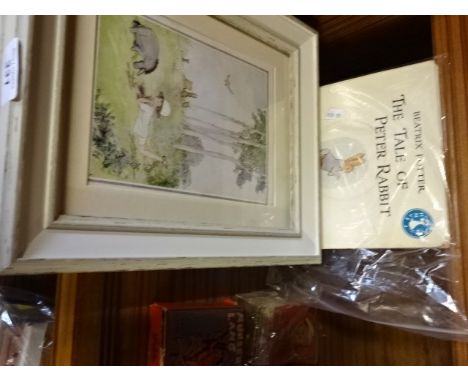 3 Winnie the pooh coloured prints plus 5 Beatrix potter Vinyl records and 2 vintage childs playing cards