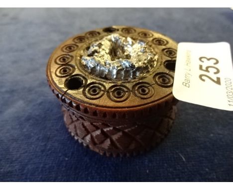 16th century walnut/oak carved inkwell. (Has been used by someone and contains a quantity of metal in the centre)