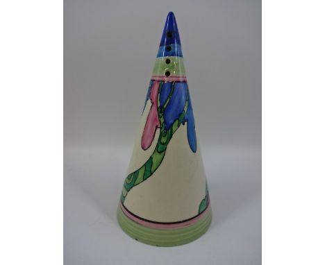 Clarice cliff 'Bizarre' 'Rudyard' pattern conical sugar sifter C1933. There are two very small chips to the base of this item