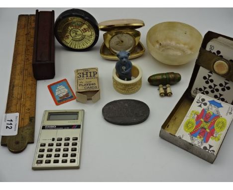 Mixed lot to include vintage cards, Westclox travel clock, vintage blue bear rattle, marble desk calendar, Turi-Design pot, v