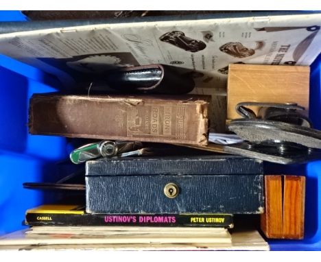 Mixed box to include music scores, watch books, vintage desk tidy, hip flask etc