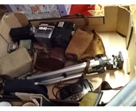 Box of cameras and camera parts plus box of children's books