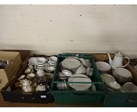 5 boxes of china to include Spode blue and white , and large Noritake white and silver dinner set