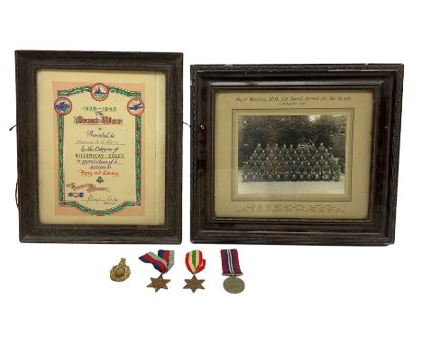 WWII War medal, Italy Star, 1939-45 Star, Royal Marines badge, certificate to Marine R L Clark, Royal Marines and a photograp