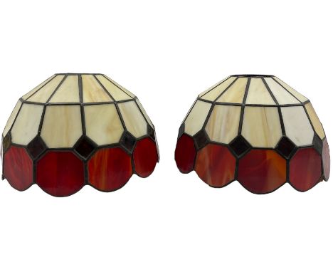 Pair of Tiffany style ceiling light shades with cream and red panels 