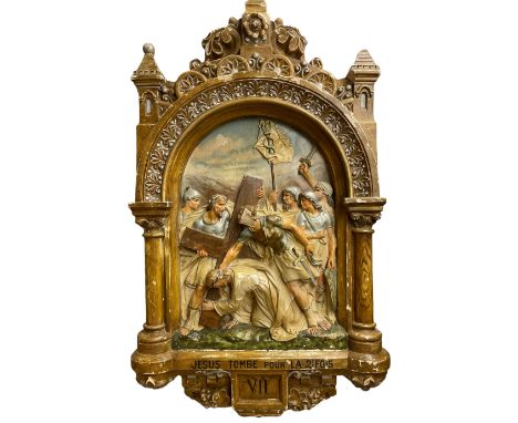 19th century French 'Stations of the Cross' hand painted plaster cast plaque, no. VII 'Jesus tombe pour la deuxieme fois' (Je
