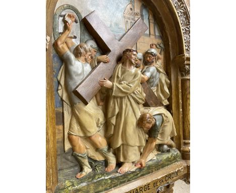 19th century French 'Stations of the Cross' hand painted plaster cast plaque, no. II 'J�sus est Charg� de sa Croix' (Jesus ta
