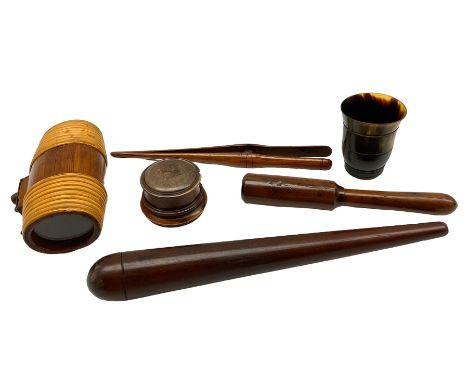 19th century yew wood tipstaff, sailor's fid, horn beaker, continental water flask with glass ends etc