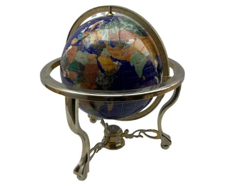 Table top terrestrial globe inset with semi precious stones on a blue ground in metal frame with compass H50cm