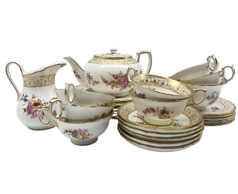 Hammersley 'Dresden Sprays' tea set for six comprising teapot, sugar bowl, milk jug, seven teacups, six saucers, six tea plat