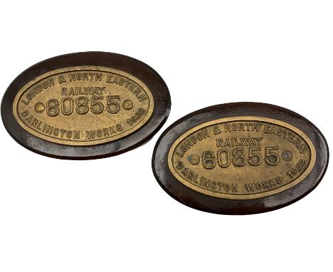 Pair of LNER brass oval engine work plates No.60855, Darlington Works 1939 from V2 locomotive mounted on wooden boards W22.5c