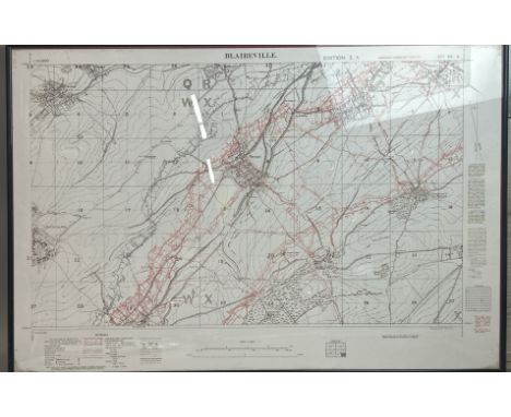 A 1:10,000 scale copy of a WWI trench map, of Belgium, featuring Ransart , Adinfer and Blairville, 82 x 61cm