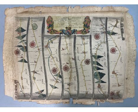 Cartography - A colour road map of Yorkshire by John Ogilby,  first published 1675, 52 x 40cm, folded  / T18