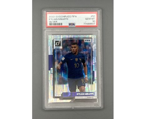 A graded 2022-23 Panini Donruss FIFA football card featuring Kylian Mbappe, PSA graded 10. Viewing recommended on request / A