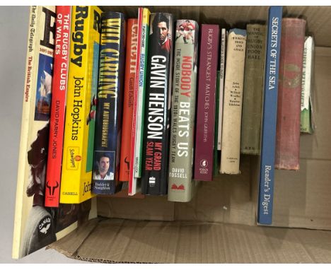A collection of books, titles mainly related to rugby, Including a manual published by The RFU titled 'The Manual of Rugby Un