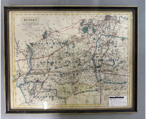 Cartography - Map of Surrey c1860 by J.C. Walker, hand coloured engraving, framed, 42 x 33cm / T18