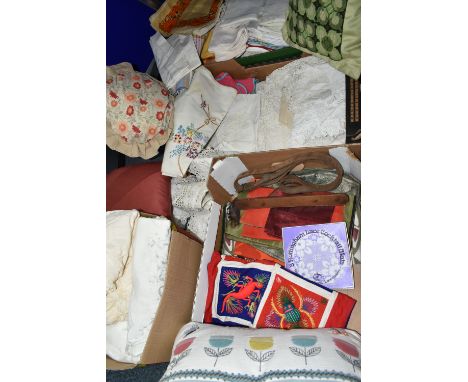 FOUR BOXES OF VINTAGE TABLE LINEN ETC, to include cotton lace doilies, cotton lace tablecloths, woven cotton doilies and plac