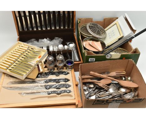 A BOX OF ASSORTED ITEMS, to include a wooden six person canteen of cutlery, a wooden chopping board with integrated knife dra