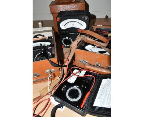 FOUR VINTAGE AVO MULTIMETERS, comprising of two Avometer 8 Mk 5, one Avometer Eight Mk 6 and a Multiminor Mk 5, all with case