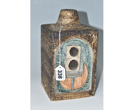 A TROIKA POTTERY LAMP BASE, of rectangular form, two sides decorated with relief textured design in shades of blue and brown,