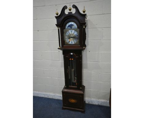 A 20TH CENTURY MAHOGANY LONGCASE CLOCK, with twin swan neck pediment, three brass finials, two Corinthian style pillar suppor