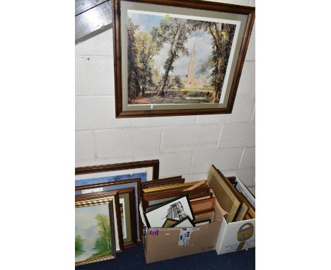TWO BOXES AND LOOSE ASSORTED FRAMED PRINTS ETC, to include Peter Archer limited print 'The 1st King's Dragoon Guards, Waterlo