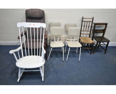 A VARIETY OF CHAIRS, to include a white painted rocking armchair, a mahogany framed armchair, four metal tubular chairs, a ru