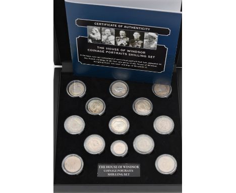 A CASED SET OF COMMEMORATIVE COINS, The House of Windsor coinage portraits shilling set by The Bradford Exchange, comprising 