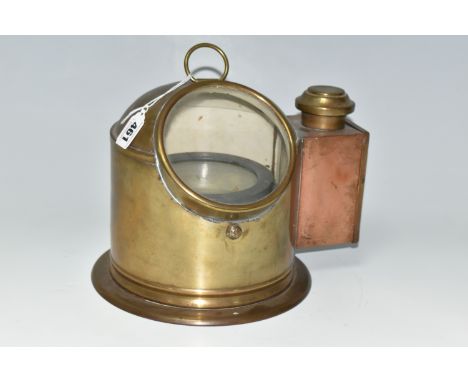 A BRASS AND COPPER CASED BINNACLE COMPASS, the brass case with glass viewing window and copper cased oil burner to one side (