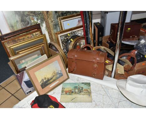 TWO BOXES OF BAGS, HATS AND A QUANTITY OF FRAMED PAINTINGS AND PRINTS, to include two brown leather 'Shotgun Cartridge bags',