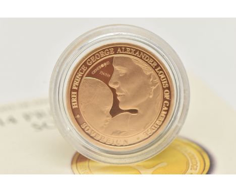 A 2014 PRINCE GEORGE SOVEREIGN COIN, TDC 22ct gold proof, 8 gram, 22mm, 999 mintage