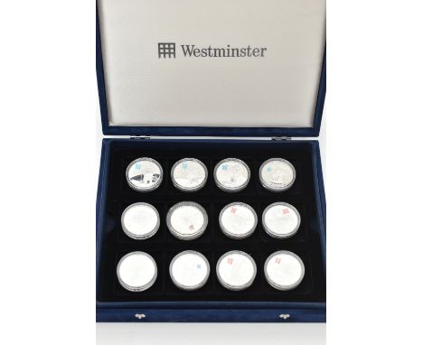 A CASED SET OF ROYAL MINT WESTMINSTER COMMEMORATIVE FIVE POUND COINS, silver proofs commemorating the lead up to the 2012 Oly