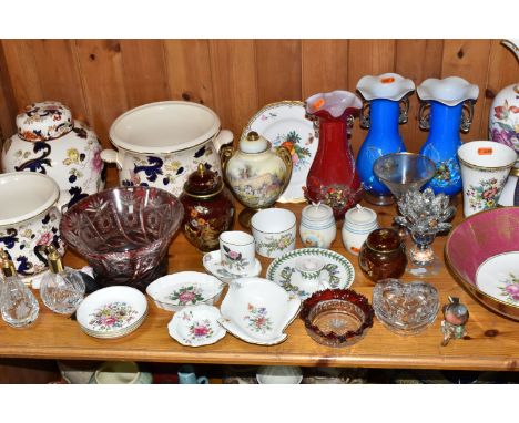 A GROUP OF CERAMICS AND GLASS WARE, to include two Mason's Mandalay planters and a large ginger jar, largest planter: height 