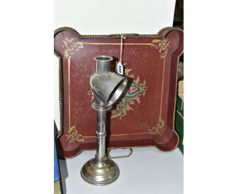 A 20TH CENTURY TWIN HANDLED PAINTED METAL TRAY AND A HOODED CANDLE READING LAMP, the tray of shaped square form, gilt rope tw