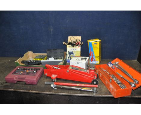 A TRAY CONTAINING AUTOMOTIVE TOOLS including a Britool Imperial socket set, an Equip trolley jack with handle, a King Craft p