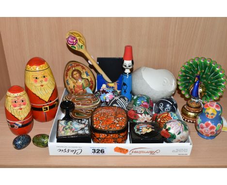 A COLLECTION OF FOLK ART AND SIMILAR ITEMS, twenty pieces, mainly Russian/Eastern European in origin, to include painted wood