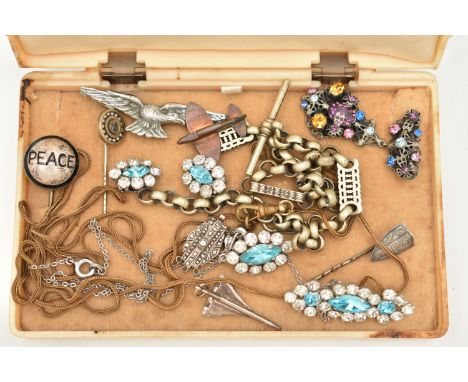 A BOX OF ASSORTED JEWELLERY, to include a white metal fancy link Albert chain fitted with a T-bar, missing lobster clasp, unm