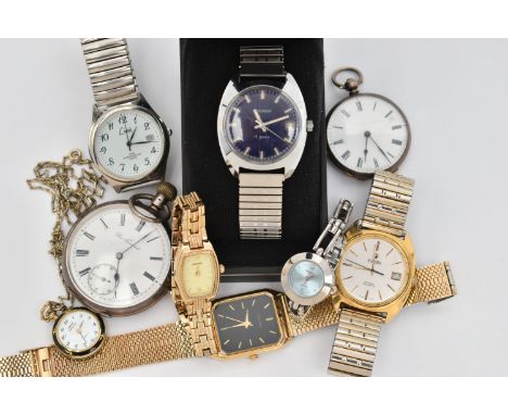 TWO POCKET WATCHES AND ASSORTED WRISTWATCHES, to include a white metal open face, manual wind pocket watch, round white dial 