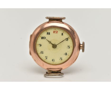A 9CT GOLD 'ROLEX' WATCH HEAD, an early 20th century, manual wind watch head, round white dial, Arabic numerals, blue steel h