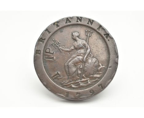 A GEORGE III COPPER CARTWHEEL BRITANNIA TWO PENCE COIN 1797, diameter 40mm (condition report; wear in keeping with age of pie