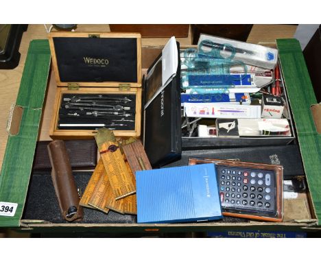 A BOX OF CASED AND LOOSE TECHNICAL DRAWING EQUIPMENT, ETC, including six wooden Rabone rulers, one fitted with a spirit level