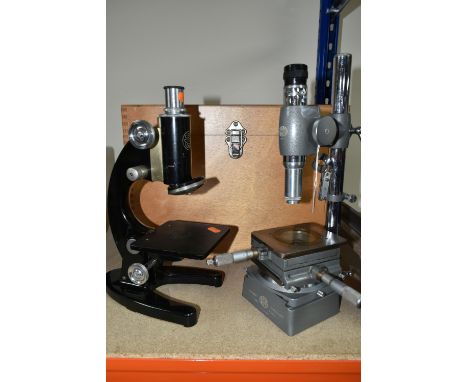 TWO VINTAGE MONOCULAR MICROSCOPES, comprising a Hilger &amp; Watts Engineers Microscope with wooden case and a C. Baker of Lo